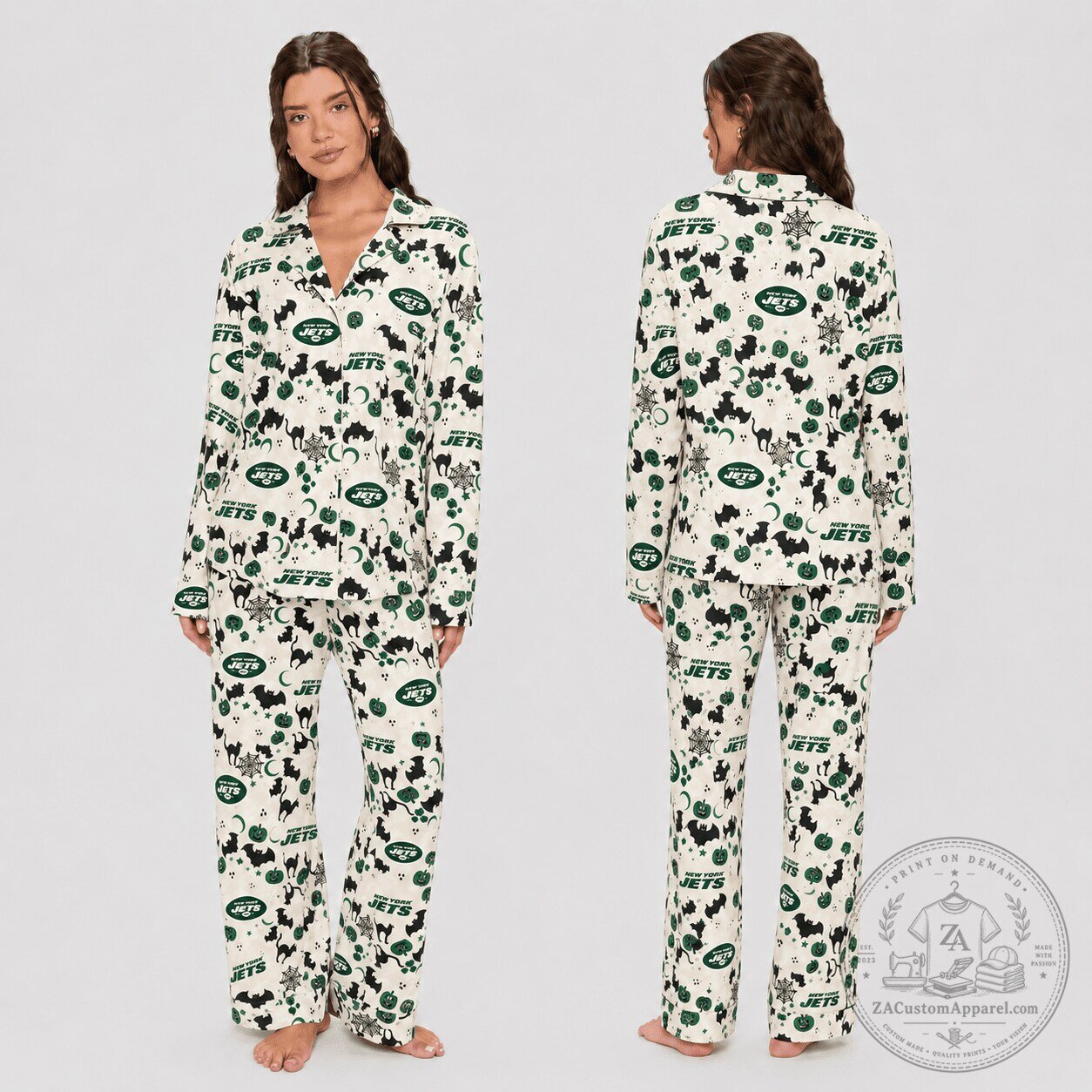 New York Jets Halloween Spooky Pattern Womens Pajamas Set 1 New York Jets Halloween Spooky Pattern Womens Pajamas Set